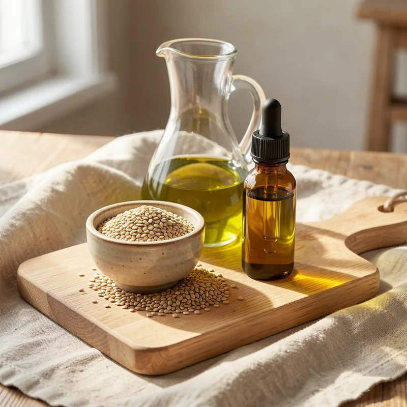 Graines de chanvre et huile alimentaire verte à côté d&rsquo;un flacon compte-gouttes ambré