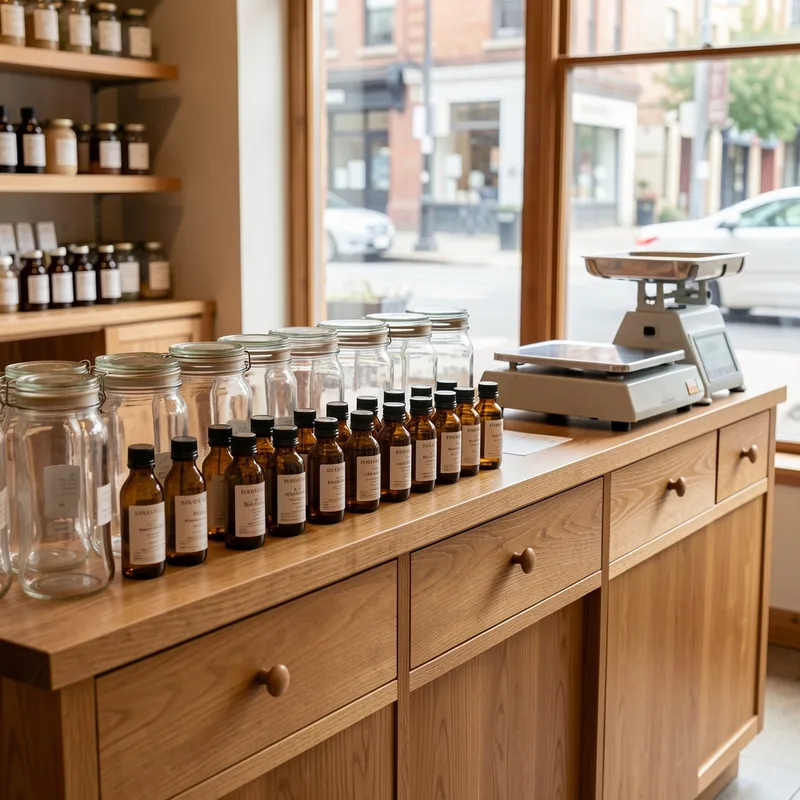 Comptoir en bois d&rsquo;une boutique spécialisée avec bocaux en verre et flacons ambrés sans étiquette