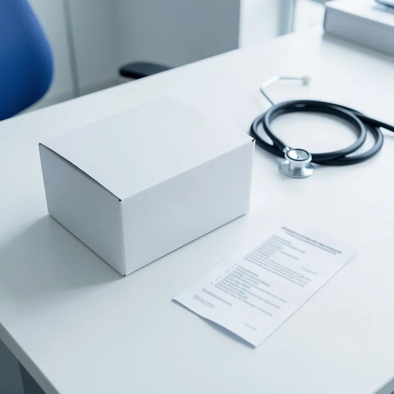 Notice pharmaceutique et boîte de médicament posées sur une table de consultation