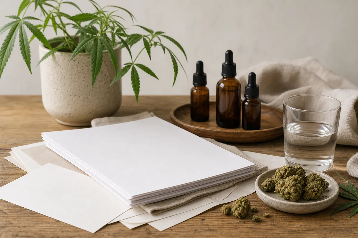 Documents réglementaires et fleurs de chanvre disposés sur une table en bois