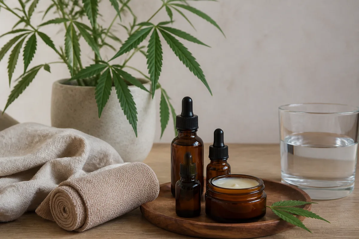Baume et flacon cosmétique posés près d&rsquo;une bande de contention sportive