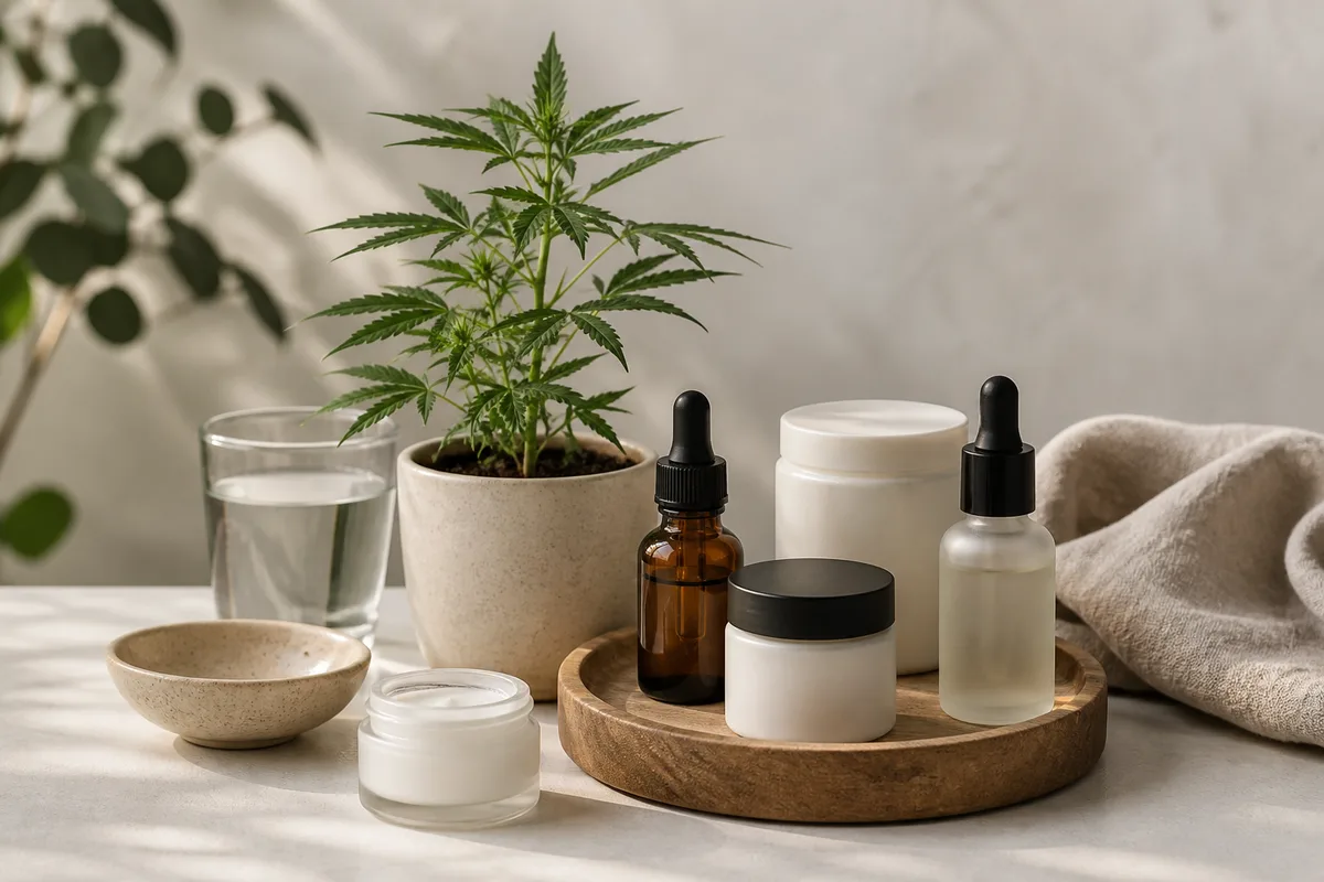 Pots de crème et flacons cosmétiques au chanvre alignés sur un plan de travail clair