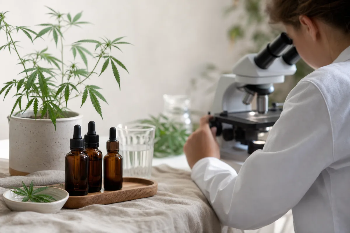 Chercheuse observant un échantillon cutané au microscope dans un laboratoire