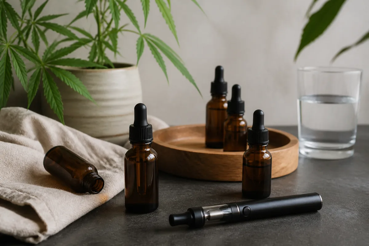 Flacons d&rsquo;e-liquide au chanvre et cigarette électronique posés sur un plan sombre